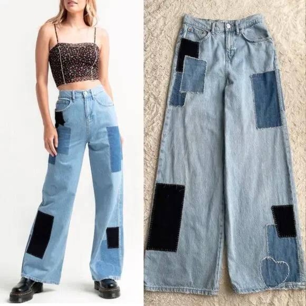 BDG Puddle Super‎ High Waist Wide Leg Patchwork Heart Jeans NWT 28 - Picture 3 of 10